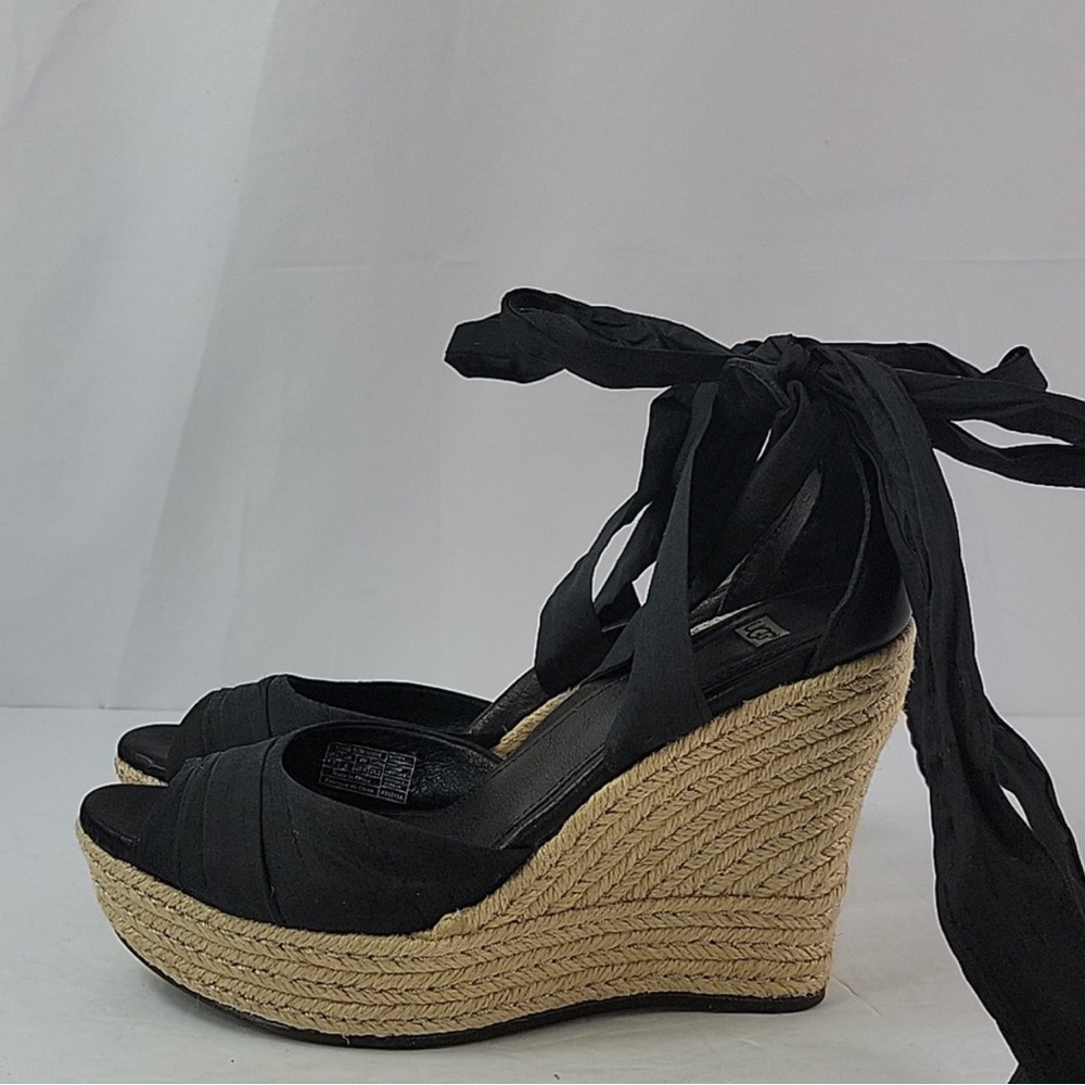 Ugg Black Lucianna Silk Leather Espadrille Wedge Sandals
